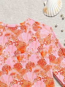 SHEIN Áo tắm liền thân tay dài, khóa kéo phía trước, bèo nhún, màu cam và trắng, dễ thương, kiểu dáng giản dị, kín đáo dành cho thiếu nữ, thích hợp cho kỳ nghỉ hè. - trái cam - Xem 4