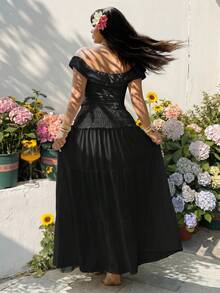 GalTyme Conjunto básico de 2 piezas en negro, adecuado para verano, casual, vacaciones, ir al trabajo, tallas grandes - Negro - Ver 2