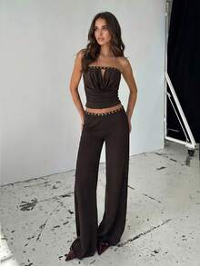 Firerie Conjunto de dos piezas para mujer con top bandeau de cuello drapeado marrón oscuro y pantalones acampanados de pierna recta de cintura ultra baja, conjunto de pantalones con accesorio metálico, conjunto de unicolor, conjunto de cuello drapeado sexy, pantalones de cintura elástica alta, conjunto casual diario, conjunto de chica hot Y2K para mujer, ropa de primavera/verano, casual, cita, fiesta, festival de música, boho, vacaciones, bohemio, playa, Hawái, regreso a la escuela, conjunto de pantalones, conjunto de dos piezas para mujer - Marrón Chocolate - Ver 6
