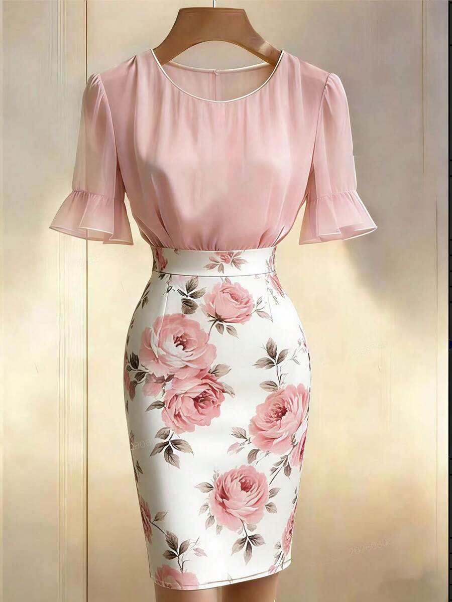 Franclia Bộ 2 món dành cho nữ mùa hè gồm áo tay loe bằng vải chiffon và chân váy ôm sát in hoa, chất liệu nhẹ và thoáng mát, màu sắc nhẹ nhàng, phù hợp cho đi làm và hẹn hò vào mùa xuân/thu. Chân váy ôm sát có khóa kéo ẩn thanh lịch kết hợp với áo chiffon, trang phục thường ngày cho kỳ nghỉ của nữ, bộ đồ đi làm cho nữ, trang phục công sở cho nữ, trang phục mùa hè cho nữ, bộ 2 món mùa hè cho nữ, áo mùa hè cho nữ, chân váy mùa hè cho nữ, bộ 2 món mùa hè cho nữ. - Hồng - Xem 1