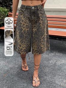 Dazy Tall Women's Leopard Print Cropped Jeans Casual Shorts Summer, Tall Women Everyday Brown - Brown - View 1