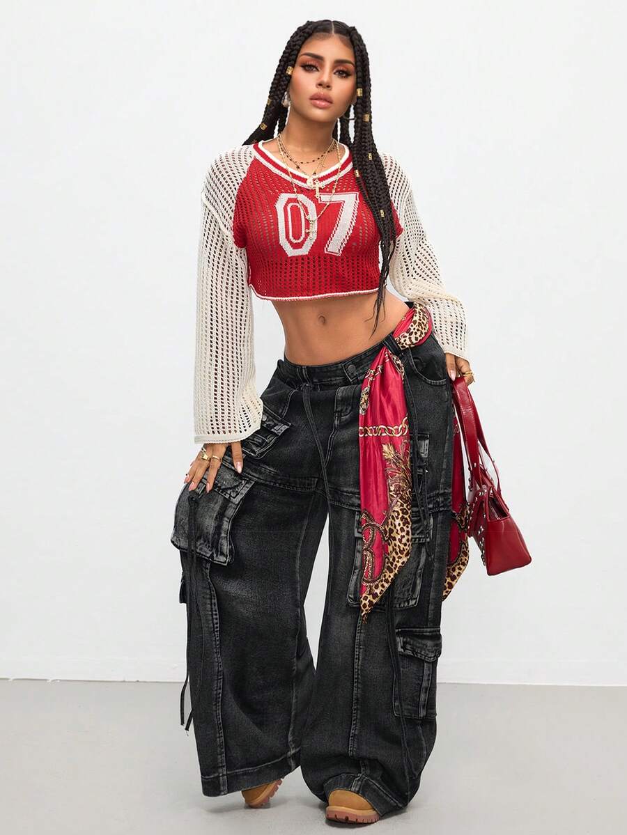 Gowayae Gowayae Women Tops AutumnY2K Street Wear Y2k Streetwear Y2k Basic Sporty American Contrast Mesh V-Neck Hollow Out Cropped Long Sleeve Knit Sweatercover Up