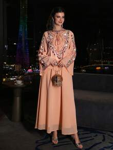 Layrah Đầm chiffon màu hồng sang trọng, thanh lịch, đính kết cầu kỳ, tay xòe, thích hợp cho mùa xuân/hè. - trái cam - Xem 5