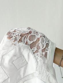 Coolane 女士春季街头风复古波西米亚风蕾丝数字图案拼接黑色宽松短款针织T恤 - 白色 - 查看 8