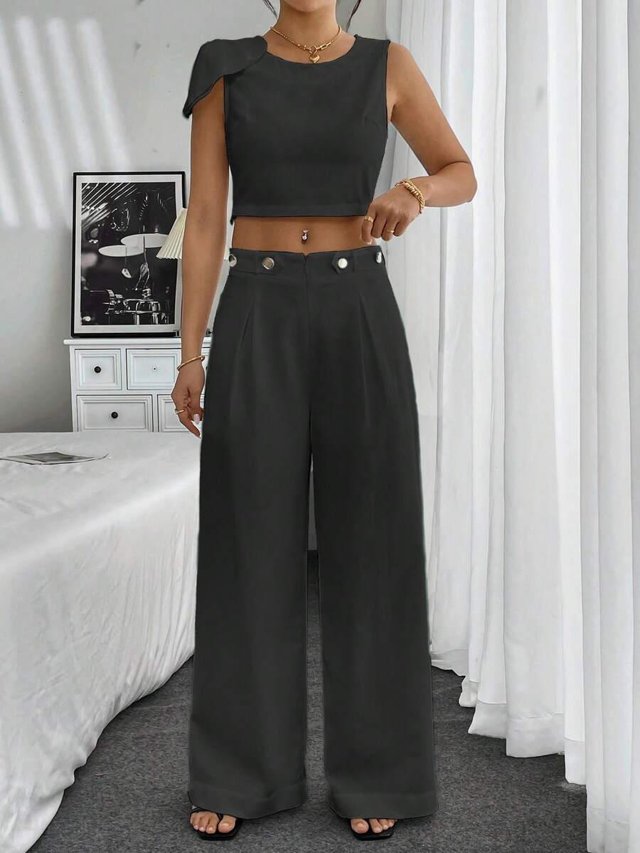 SHEIN Unity 2pcs Women's Round Neck Sleeveless Fashionable Fitted Top And Button Up Relaxed Fit Pants Set - Black - View 1
