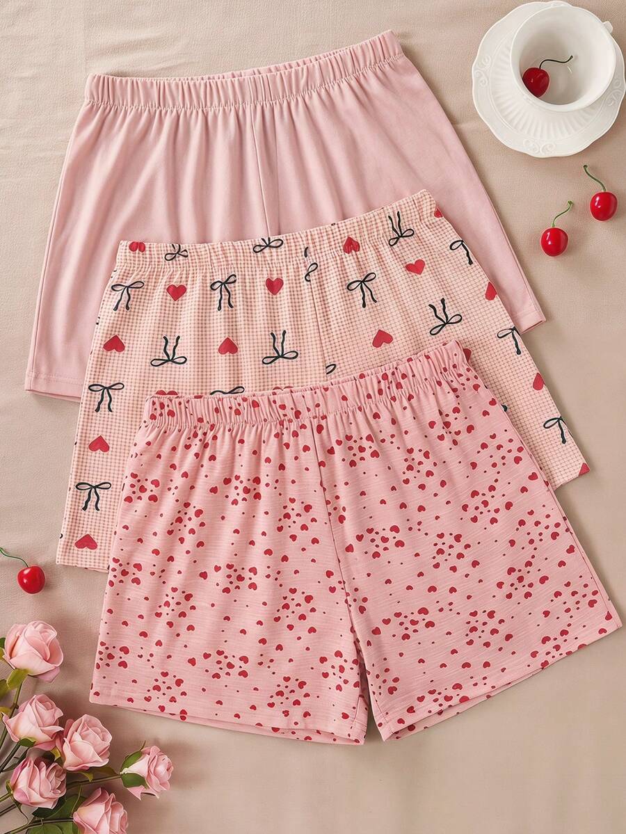 SHEIN Conjunto de shorts feminino plus size Cotton Line, cintura alta, confortável e casual, 3 peças, multicolorido, para uso diário. - Multicolorido - Ver 1