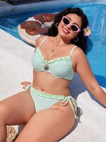 Swim Mod Plus Size Women Summer Beach Metal Decor Casual Bikini & Triangle Bottom Two-Piece Swimsuit Set - Mint Green - View 1