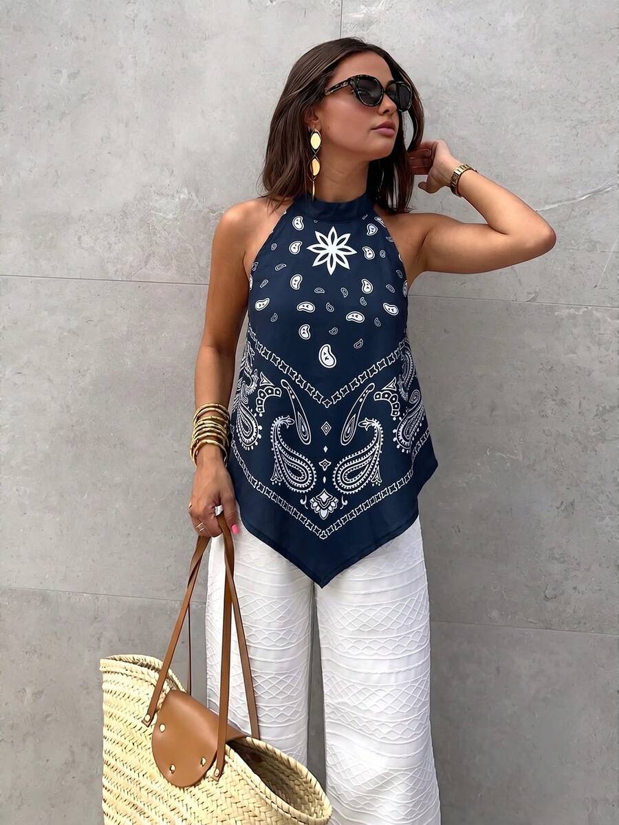 Firerie Women's Vacation Cashew Pattern Asymmetrical Hem Halter Top Beach Navy Blue Floral Summer Boho - Multicolor - View 1