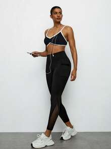 Levarali Plus Size Women's Mesh Side Phone Pocket Sports Leggings, Yoga Pants For Fitness, Running, Gym, Pilates, Outdoor Casual Wear, Spring/Summer, Summer Outfits For Women,Women's Gym Clothes,Gym,Women's Sweatpants,Sweatpants,Black Pants - Black - View 7