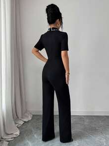 SHEIN Elenzya Bộ jumpsuit tay cánh hoa cổ ngọc trai đen, dáng suông ôm eo, thanh lịch, phù hợp cho cả công sở và phong cách tối giản thường ngày. - màu đen - Xem 2