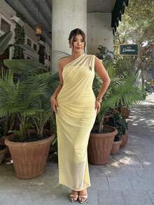 Firerie Plus Size Elegant Light Yellow Summer Wedding Party Guest Dress For Women, Ruched One Shoulder Fitted Graduation Dress, Solid Color - Yellow - View 3