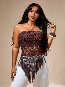 SHEIN Privé Gaun Pesta Musim Panas Kasual Boho Serbaguna Berbahan Chiffon dengan Hiasan Payet dan Lubang-lubang untuk Wanita Ukuran Besar - Gaun Penutup untuk Liburan, Pesta, dan Musim Panas - Coklat - View 2