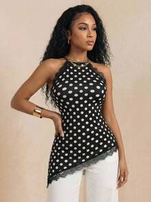 Eryvara Elegant Casual Polka Dot Halter Neck Camisole, Summer New Arrival - Black - View 4