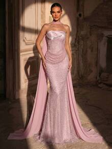 Aureia Women's Strapless Rhinestone Decor Ruched Waist Elegant Evening Gown - Dusty Pink - View 5