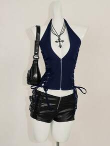 SHEIN ICON Summer Y2K Navy Blue V Neck Going Out Night Out Concert Women's Black Goth Sexy Grommet Solid Color Fashion Side Cross Strap Halter Tank Top - Navy Blue - View 3
