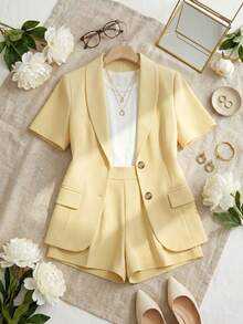 GlowEve Women's Light Yellow Summer 2pcs Suit Set,Short Sleeved Jacket & High Waisted Wide Leg Pants,Smart Casual Commuting Office Wear For Brunch, - Yellow - View 4