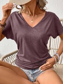 SHEIN Frenchy Ladies Simple Solid Color Pleated Daily/Holiday T-Shirt V Neck Topsv Neck T Shirtdark Top,Summer Top - Burgundy - View 3
