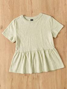 SHEIN EZwear 薄荷綠女款大尺碼圓領拼接 A 字版型純色棉質娃娃風 T恤 - 薄荷綠 - 查看 3
