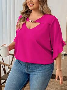SHEIN CURVE+ Plus Size Women Solid Color Metal Decor Casual Versatile Daily Wear Blouse - Hot Pink - View 10