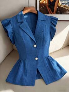 Elenzga Áo blazer công sở thanh lịch, lãng mạn, tối giản dành cho nữ, tay ngắn, thắt eo, chất liệu giả denim, dáng chữ A. - Màu xanh lam - Xem 1