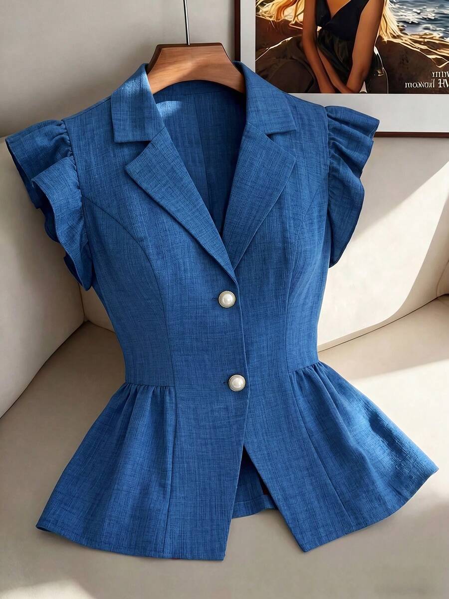 Elenzga Áo blazer công sở thanh lịch, lãng mạn, tối giản dành cho nữ, tay ngắn, thắt eo, chất liệu giả denim, dáng chữ A. - Màu xanh lam - Xem 1