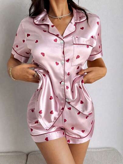 Napfluff Conjunto de pijama de manga corta con cuello y estampado de corazones en rosa suave y negro, de estilo minimalista para mujer
