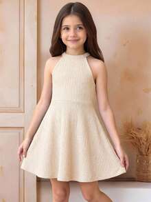 SHEIN Young Girl's Elegant Fairy Summer Party Dress,Solid Black Stand-Up Collar Sleeveless Waist A-Line Orange Sisters Outfit For New Year Birthday,Kids - Apricot - View 6