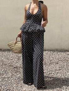 DAZY Conjunto de 2 piezas de top de tirantes con estampado de lunares y pantalones cortos de verano casual para mujer - Azul - Ver 4