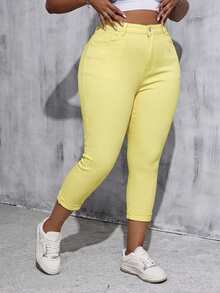 SHEIN Tall CURVE Plus Size Women White Denim Elastic Skinny Capri Pants - Yellow - View 4