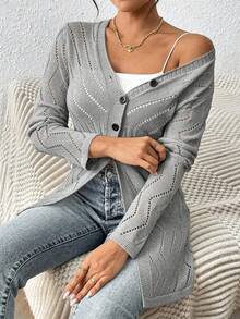 EMERY ROSE Cárdigan de punto fino con escote en V y calado, diseño coreano para mujer - Gris - Ver 3