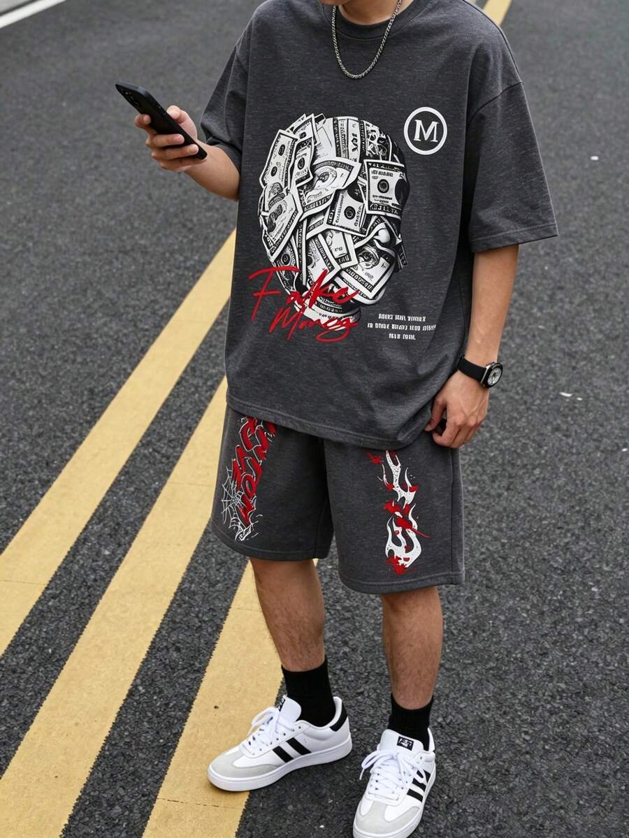 SHEIN Streecool Kids 2件套休闲简约青少年男童短袖圆领T恤+裤子套装,夏季Y2K风格骷髅印花短袖街头时尚T恤,青少年男童服装 - 深灰色 - 查看 1