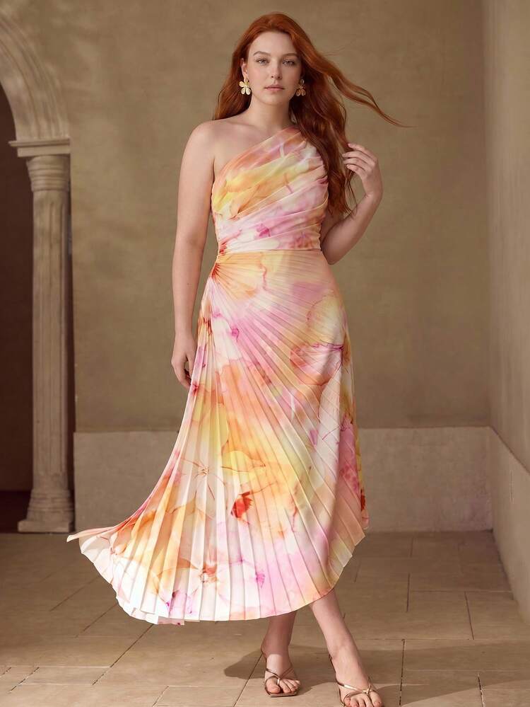 PLUS SIZE WOMEN'S PLEATED FLORAL PRINT RUCHED DRESS, ROMANTIC FOR DATES, SPRING/SUMMER