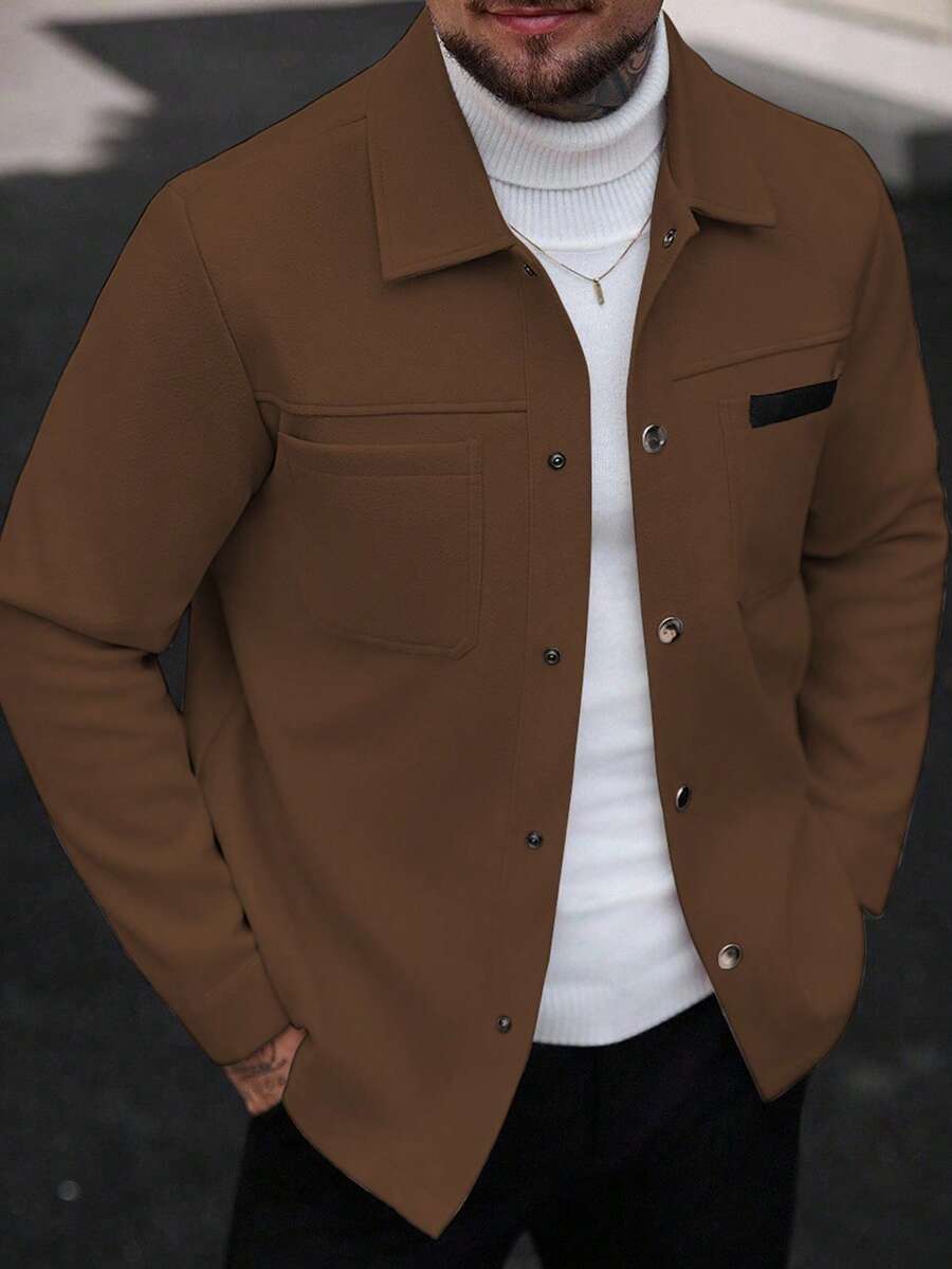 Manfinity Homme Mantel Kasual Pria Lengan Panjang Warna Polos, Cocok untuk Musim Gugur dan Musim Dingin, Warna Cokelat untuk Pria, Mantel Kasual Cokelat - Coklat - View 1