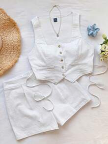 Comfortcana Bộ đồ 2 món màu trắng 100% cotton, áo croptop không tay, thích hợp cho mùa đông, lễ Phục sinh, tiệc tùng, đi biển, đám cưới, lễ tốt nghiệp, thanh lịch, thường ngày, kỳ nghỉ, thể thao, trang trọng, phong cách Y2K, công sở. Được trang trí bằng sequin, tua rua, bèo nhún, hoa và họa tiết. - trắng - Xem 7