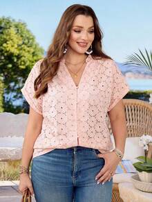 Rosumi Plus Size Women's Summer Elegant Pastel Pink Floral Embroidery Ruffle Collar Blouse,Everyday Casual Boho Hollow-Out Top,Vacation Country Style Shirt - Dusty Pink - View 9