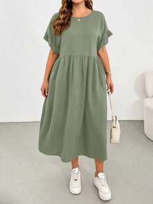 Shapeblank Plus-Size Women's Sage Green Summer Smart Casual Holiday Midi Dress,Ruffled Sleeves Pocket Loose Comfortable Everyday Basic Versatile Style - Mint Green - View 8
