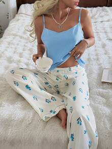 CottageSlumber Women's Solid Color Camisole Top And All-Over Print Lounge Pants Casual Pajama Set - Baby Blue - View 7