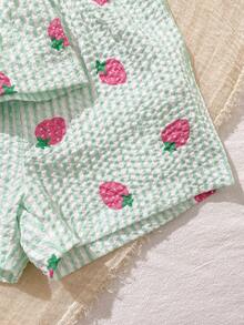 SHEIN Playful Pals 2件套女婴幼儿/新生儿0-3岁休闲日常可爱度假条纹蝴蝶结装饰吊带背心+短裤套装，春夏款 - 彩色 - 查看 5