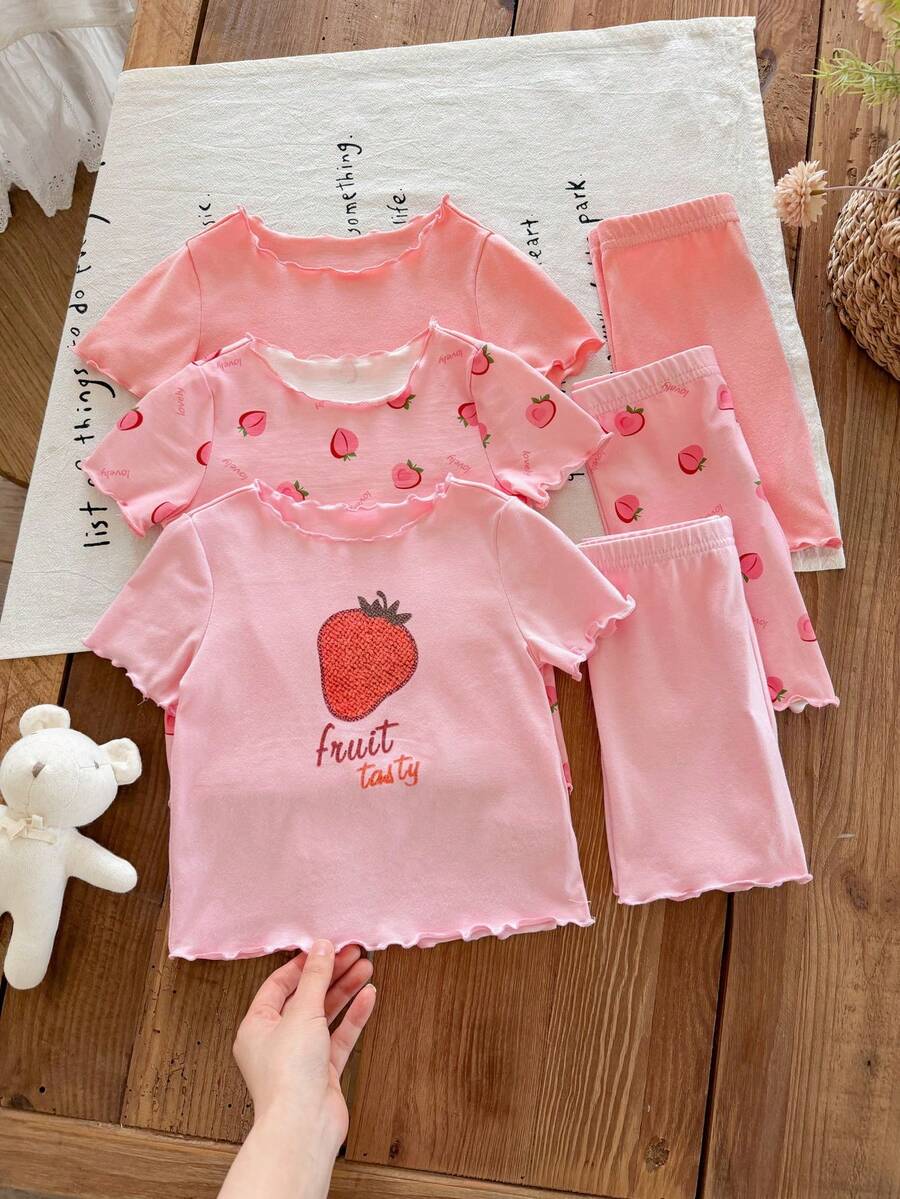 SHEIN LMoss Kids Piyama Rajut Lembut Lengan Pendek Leher Bulat Motif Kartun Lucu untuk Bayi Perempuan, 6 Potong, Musim Panas - Berwarna merah muda - View 1
