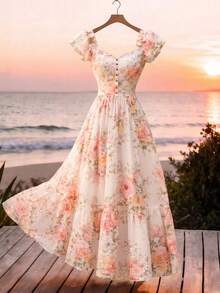 SHEIN Franclia 2026新款粉色碎花连衣裙，短袖方领伞裙，收腰设计，百搭沙滩度假休闲通勤女装 - 彩色 - 查看 10