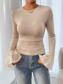 Women's Fashionable Elegant Bell Sleeve Ruched Fitted Blouse Fall Cloth For Women - Apricot - View 4