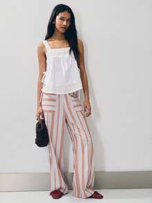 Nöista Pantalones de pierna ancha a rayas con bolsillos delanteros y presillas para cinturón, de talle medio y tela ligera para el verano. Perfectos para el verano, fiestas en la piscina, ropa de playa, atuendos de verano, festivales de música. - Multicolor - Ver 5