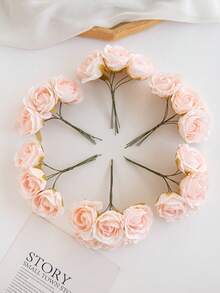 6Pcs Mini Artificial Roses Letter Shaped For DIY Wreath Candy Box Wedding Home Decor Bride Wrist Corsage Chest Flower Headpiece Materials Valentines New Year Birthday Party Cake Decorations - Baby Pink - View 4