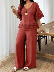 Weeklong 2pcs/Set Atasan Longgar Leher Bulat Lengan dan Hem Bermotif Bunga untuk Wanita dan Celana Panjang Lurus, Cocok untuk Liburan dan Pemakaian Sehari-hari, Musim Semi/Panas - Burgundy - View 3
