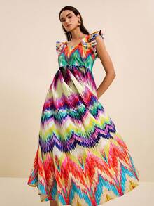 SURIMA Women's Spring/Summer Vacation Crochet Colorful Textured Print Square Neck Ruffle Strap Straight Print Dress - Multicolor - View 4