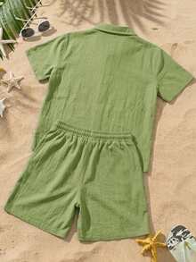 Manfinity RSRT Bộ đồ đi biển 2 món dành cho nam, áo sơ mi ngắn tay cài cúc và quần short có dây rút, thích hợp cho kỳ nghỉ hè. - màu xanh lá - Xem 6