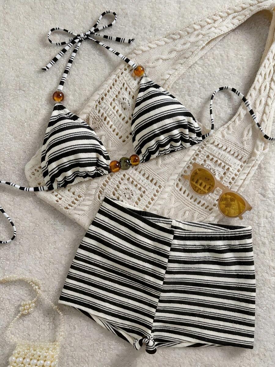 Swim Vcay Women's Summer Casual Cute 2 Pieces Beachwear Set, Resin Bead Decor Triangle Bikini Top And Shorts, Special Fabric Swimwear - Multicolor - View 1