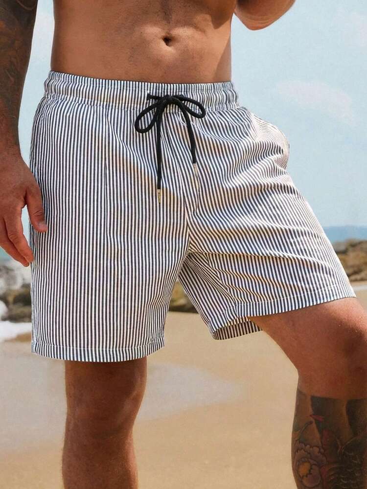 Short Striped Elastic Waist Drawstring Men Beach Shorts