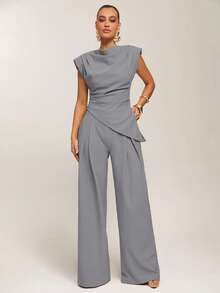 Silquee Blus Wanita Lengan Pendek Elegan dengan Potongan Asimetris dan Drape Warna Polos, Atasan Musim Panas - Grey - View 4