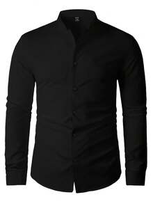 Calvornis Camisa formal de manga larga con cuello alto de unicolor para hombres, para otoño, ceremonia - Negro - Ver 7